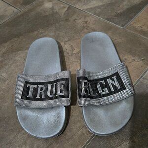 True Religion Metallic Silver Bling Slides